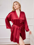 SilkSilky US Pure Silk Long Sleeve Deep V Neck Plus Size Robe Wine 003