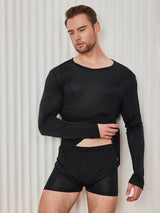 [Black] SilkSilky  100% Silk Jersey Long Sleeve Round Neck Men's T-Shirt 004