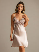 [Pink] SilkSilky  Spaghetti Strap V Neck Nightgown 008