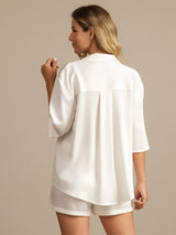 [White] SilkSilky  19Momme Machine-Washable Silk Half Sleeve Notch Collar Women's Pajamas 002