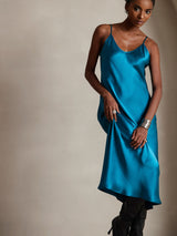 [Teal] SilkSilky  Pure Silk Spaghetti Strap V Neck Dress 003