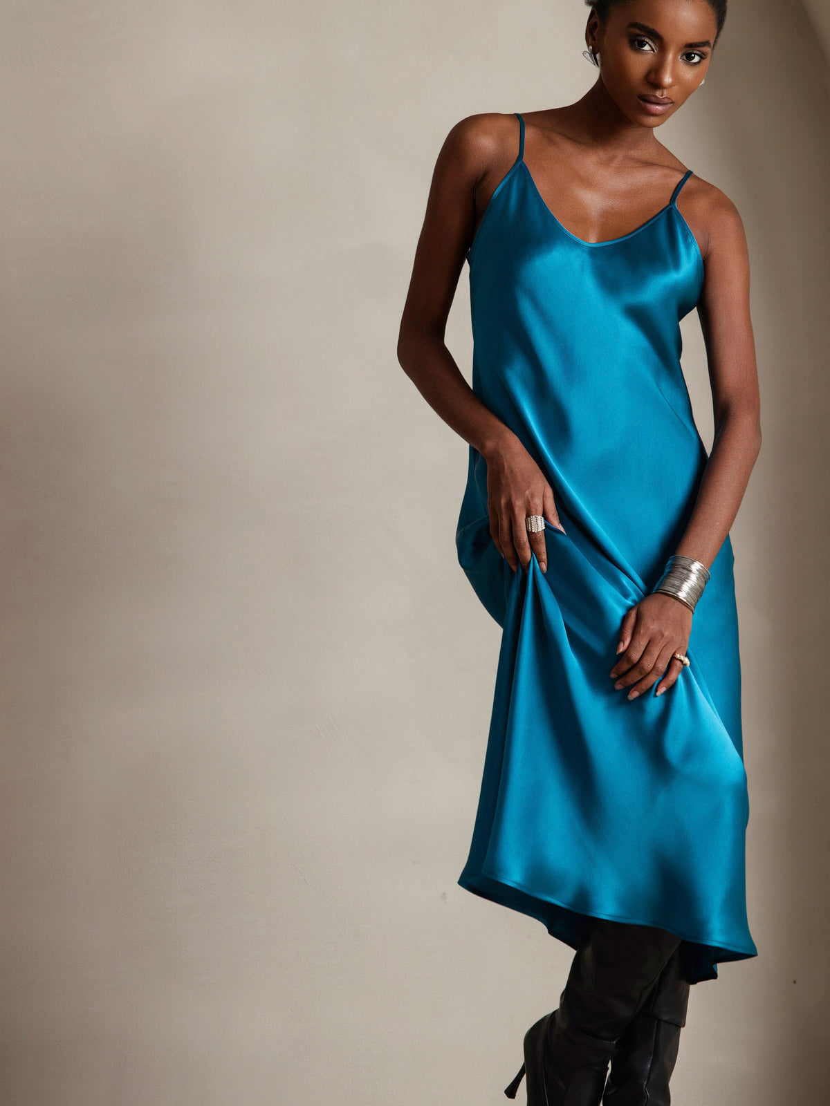 [Teal] SilkSilky  Pure Silk Round Neck Dress 003