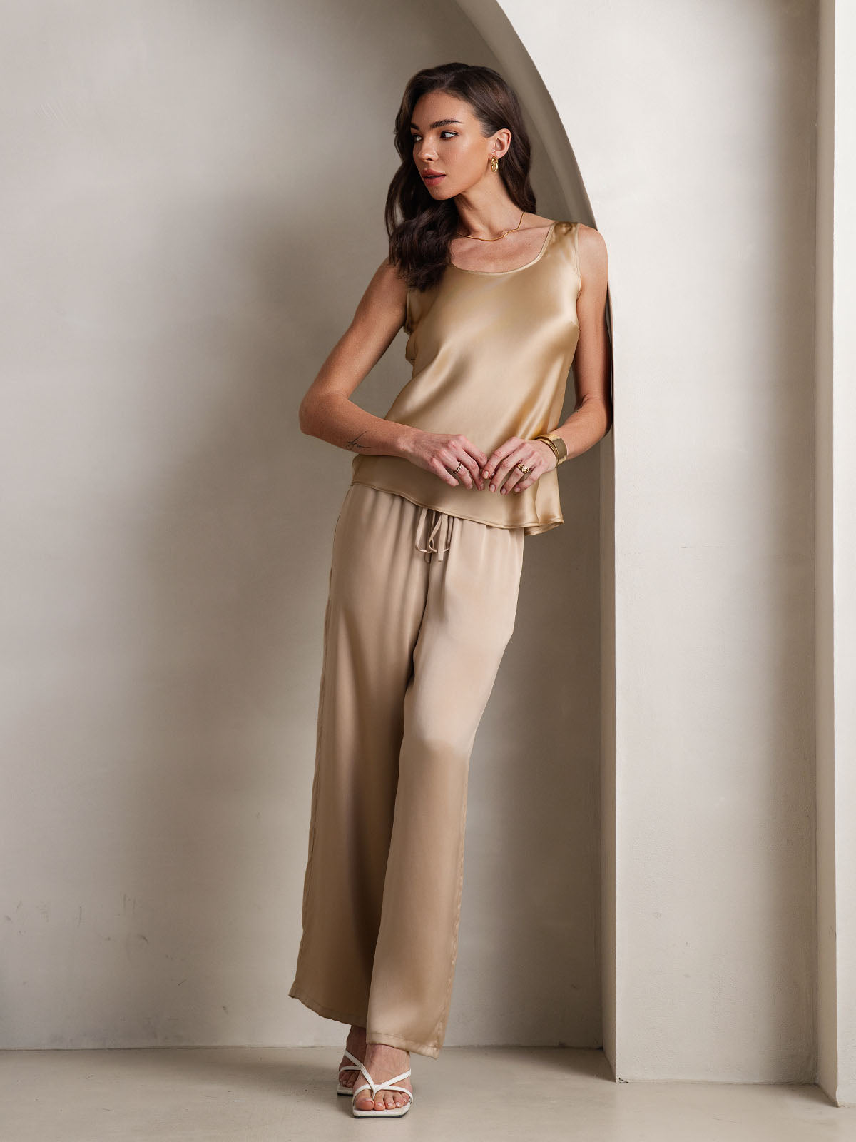 [Champagne] SilkSilky  Pure Silk Boat Neck Camisole Set 001
