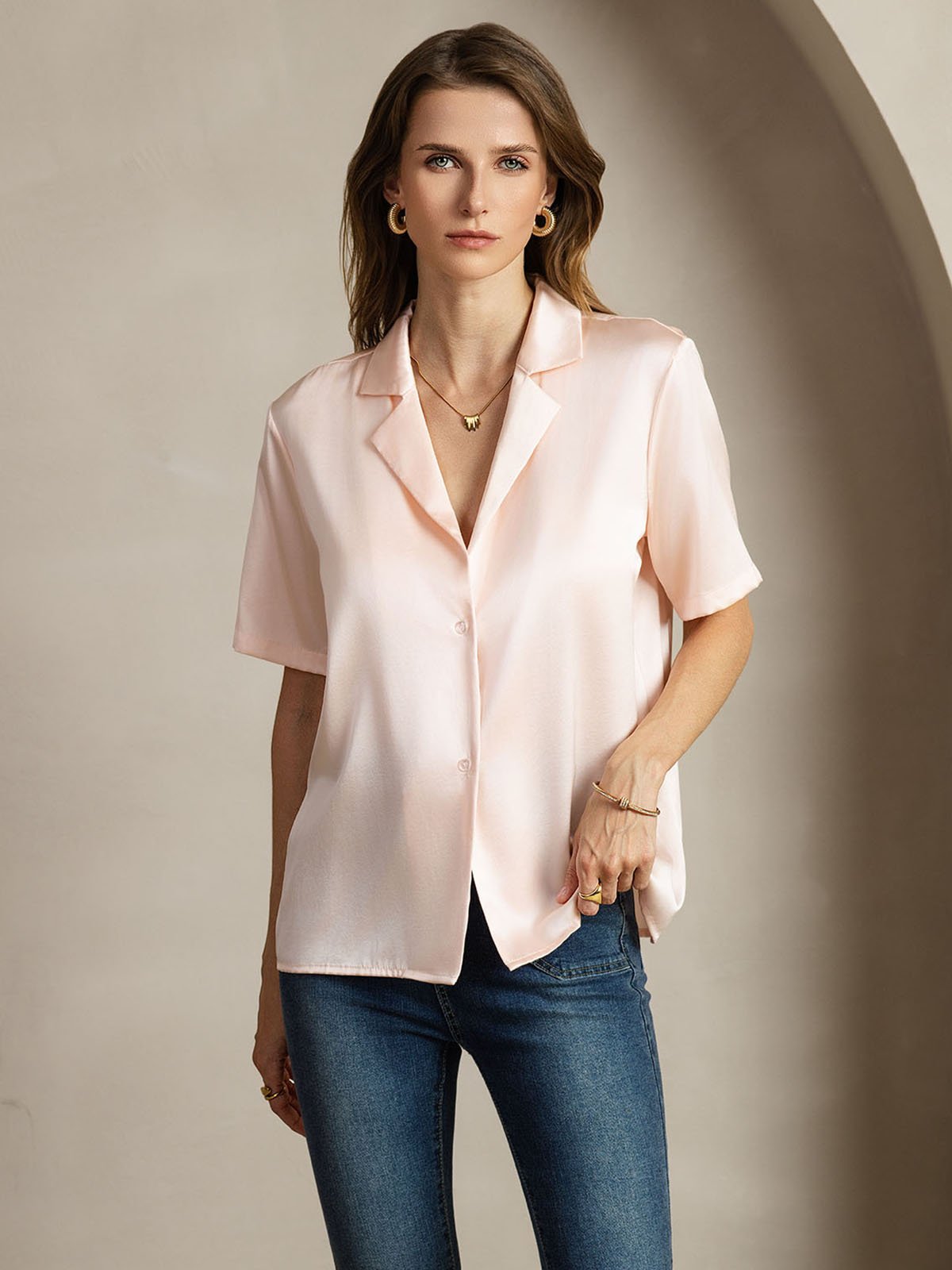 [Pink] SilkSilky 19Momme Silk Notched Neck Women's Shirt 005