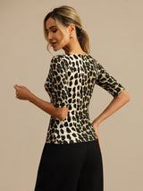 [Leopard] SilkSilky 100% Silk Jersey Half Sleeve Scoop Neck Women's T-Shirt 002