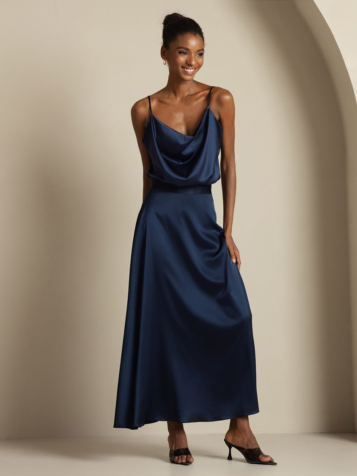 [Dark Blue] SilkSilky  19Momme Silk Cowl Neck Women''s Outfit Sets 006,