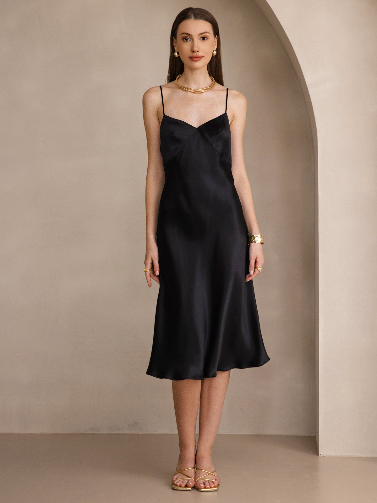 [Black] SilkSilky  19Momme Pure Silk V Neck Dress 004