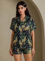 [Black Serval] SilkSilky Short Sleeve Notch Collar Women's Pajamas 001