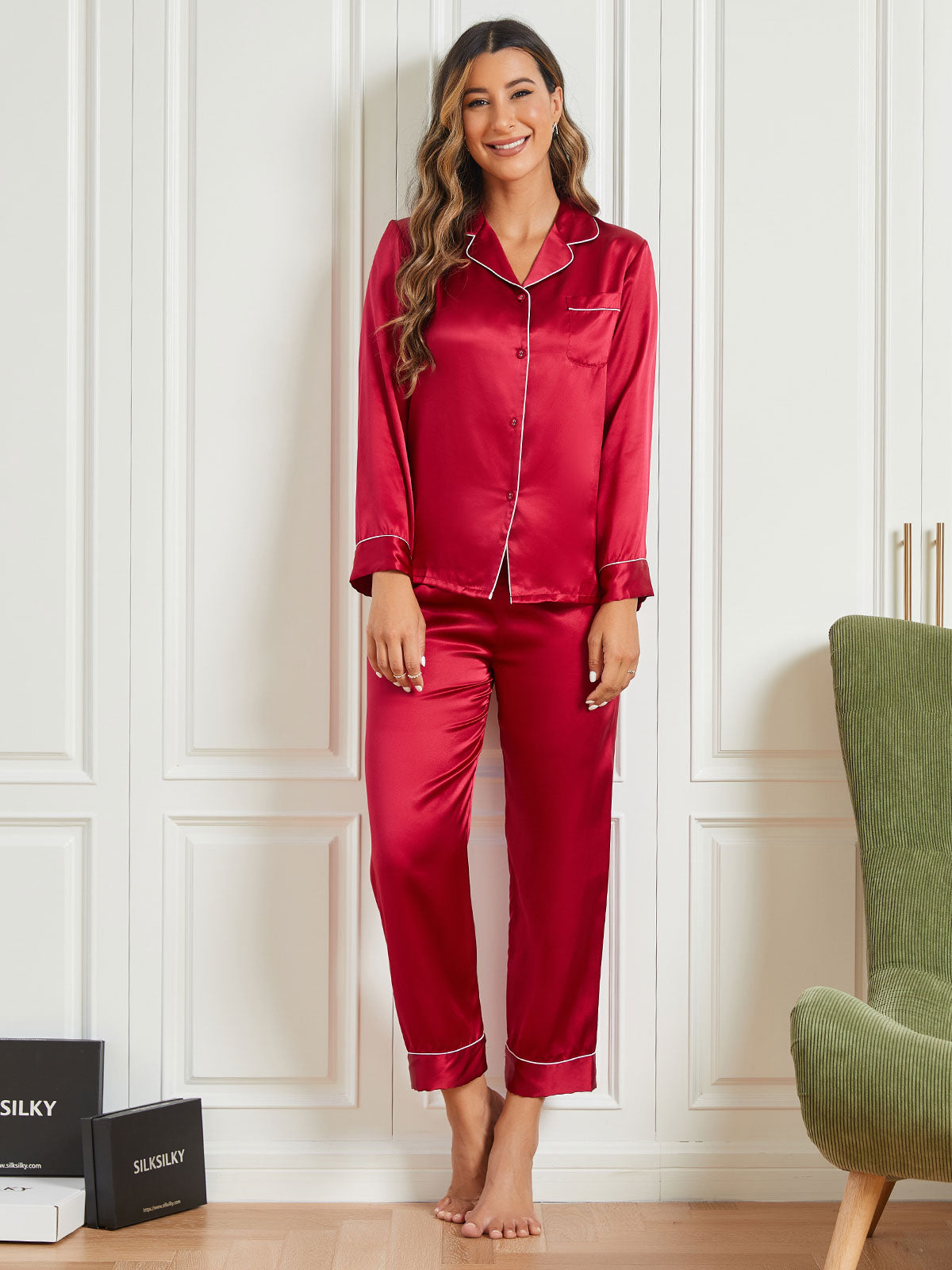 SilkSilky US Pure Silk Long Sleeve Lapel Women's Pajamas DarkRed 004