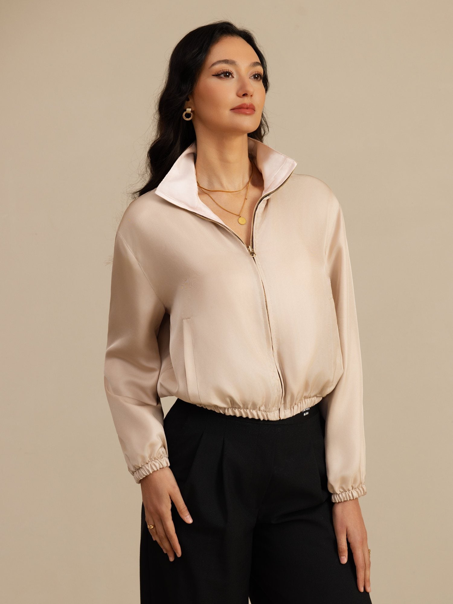 [Tan+Pink] SilkSilky  18Momme Silk Satin Surah Long Sleeve Stand Collar Women's Outerwear 003