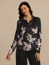 [Black] SilkSilky  19Momme Long Sleeve Lapel Collar Women's Shirt 006