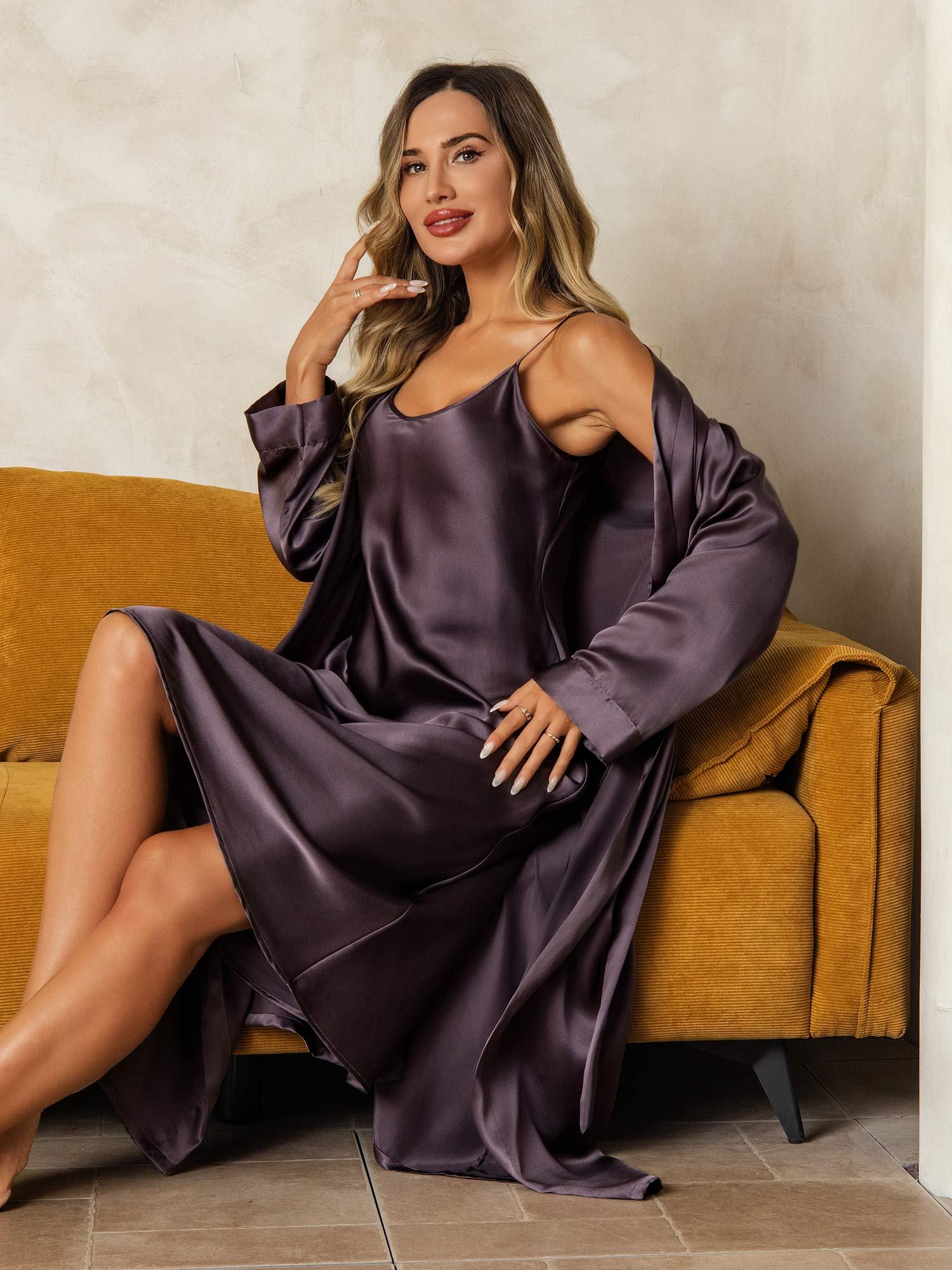 [PurpleGray] SilkSilky Pure Silk Wrap Nightgown&Robe Set 006