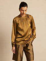 [Bronze] SilkSilky  19Momme Stretch Silk Charmeuse Long Sleeve Round Neck Blouse 003