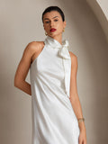 SilkSilky US 19Momme Silk Blend Sleeveless Tie Neck Dress White 003