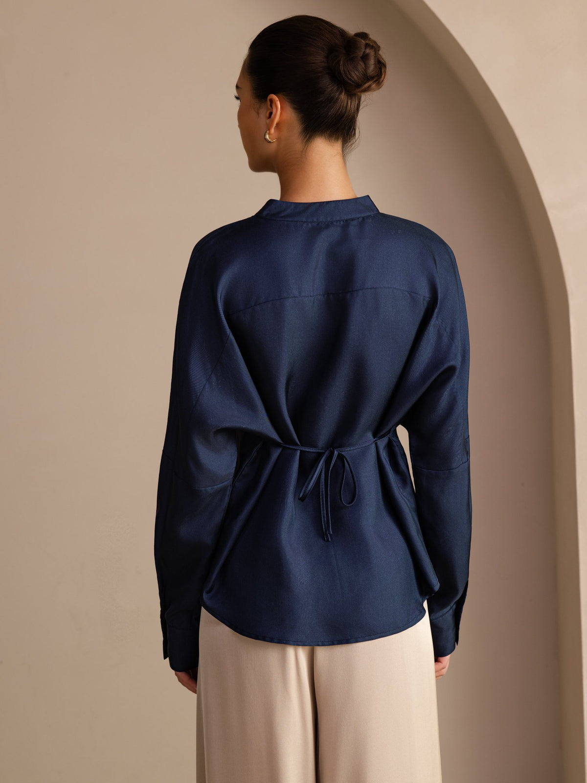 [Dark Blue] SilkSilky Long Sleeve Split Women's Blouse 002