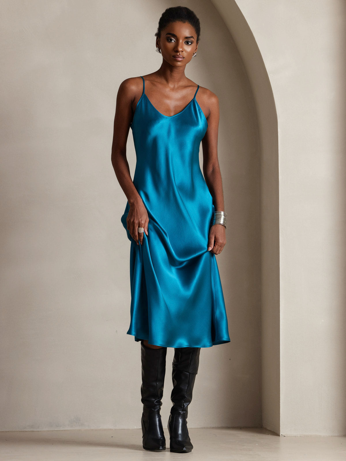 [Teal] SilkSilky  Pure Silk Round Neck Dress 005