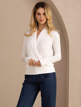 [White] SilkSilky  Long Sleeve Wrap Women's Blouse 004