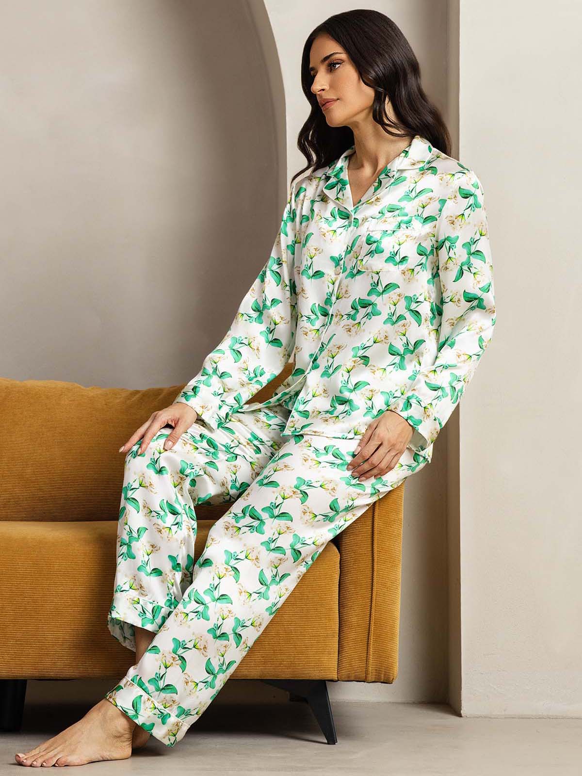[Green Floral] SilkSilky  Pure Silk Womens Pajamas 004
