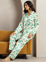 [Green Floral] SilkSilky  Pure Silk Notch Collar Women's Pajamas 005,