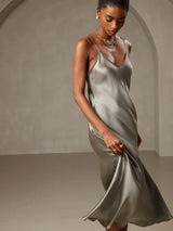 [Grayish Green] SilkSilky  Pure Silk Spaghetti Strap V Neck Dress 004