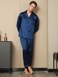 SilkSilky US Pure Silk Long Sleeve Lapel Men's Pajamas DarkBlue 004