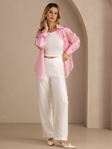 [Pink Pinstripe] SilkSilky Long Sleeve Lapel Collar Women's Shirts 007
