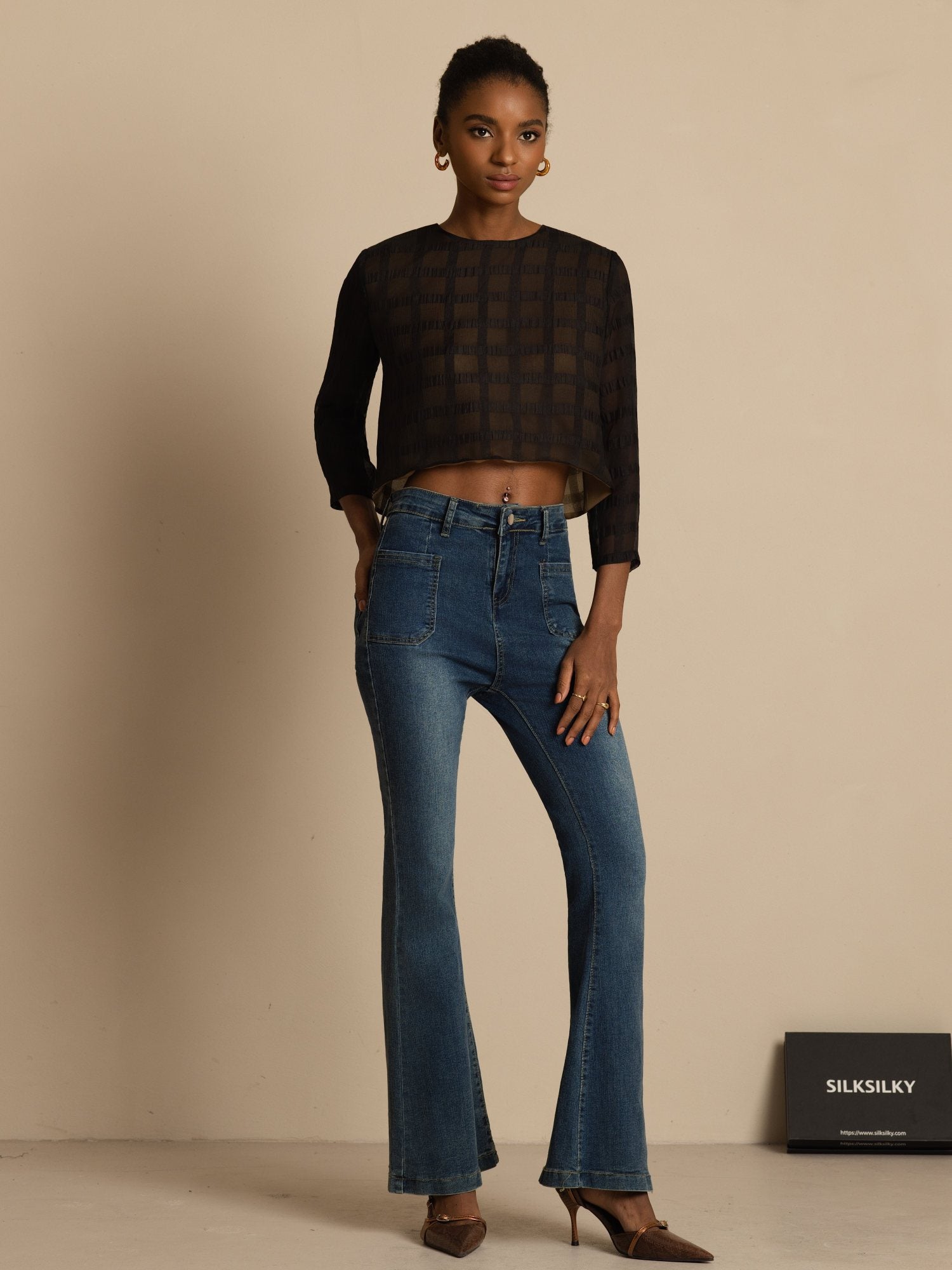 [Black] SilkSilky Pure Silk Long Sleeve Round Neck Blouse 006