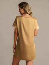 [Tan] SilkSilky  19Momme Machine-Washable Silk Short Sleeve Round Neck Nightgown 002