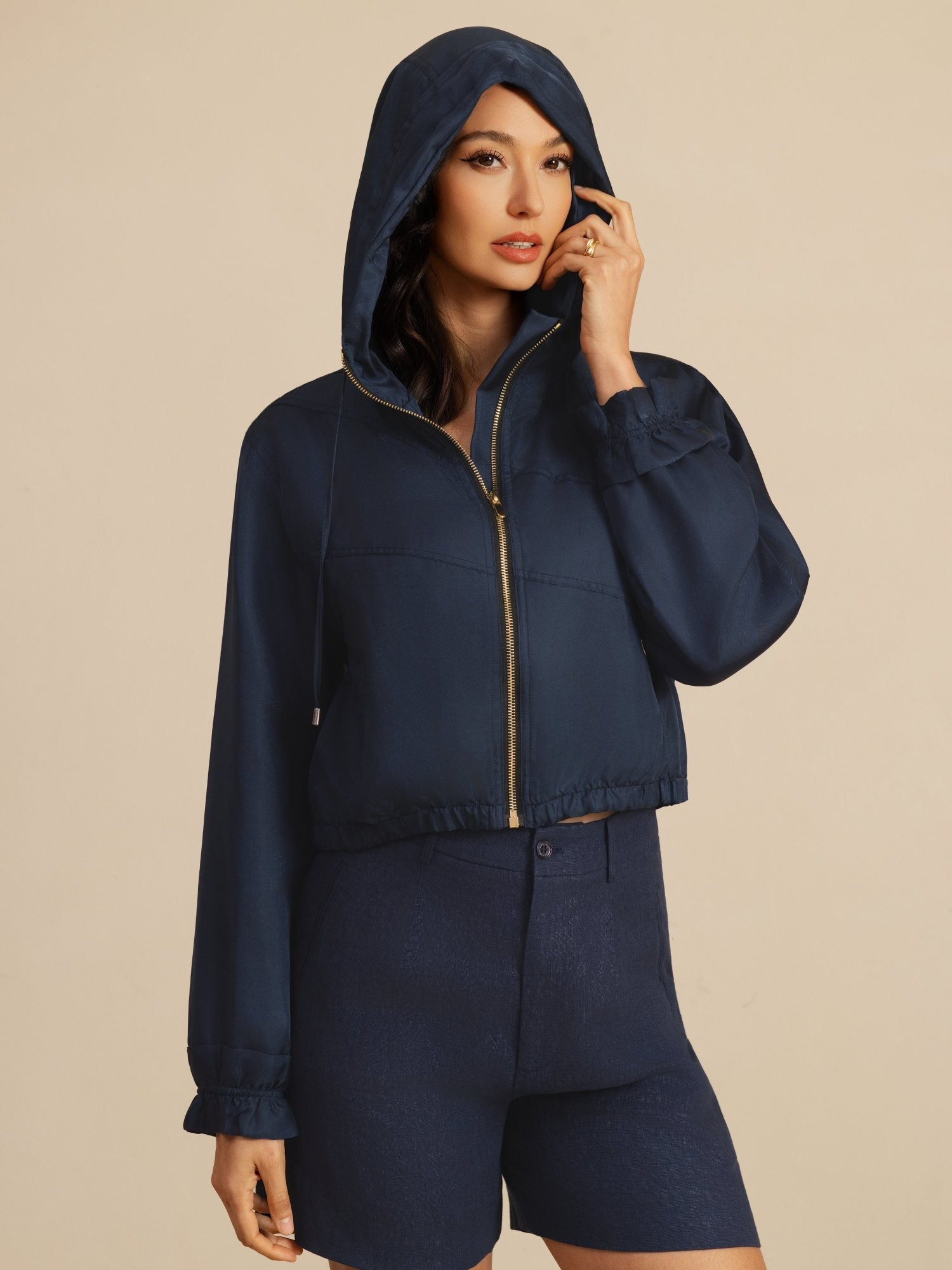 [DarkBlue] SilkSilky 18Momme Silk Satin Surah Long Sleeve High Neck Women's Outerwear 005