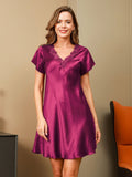 SilkSilky US Pure Silk Short Sleeve V Neck Nightgown Wine 003