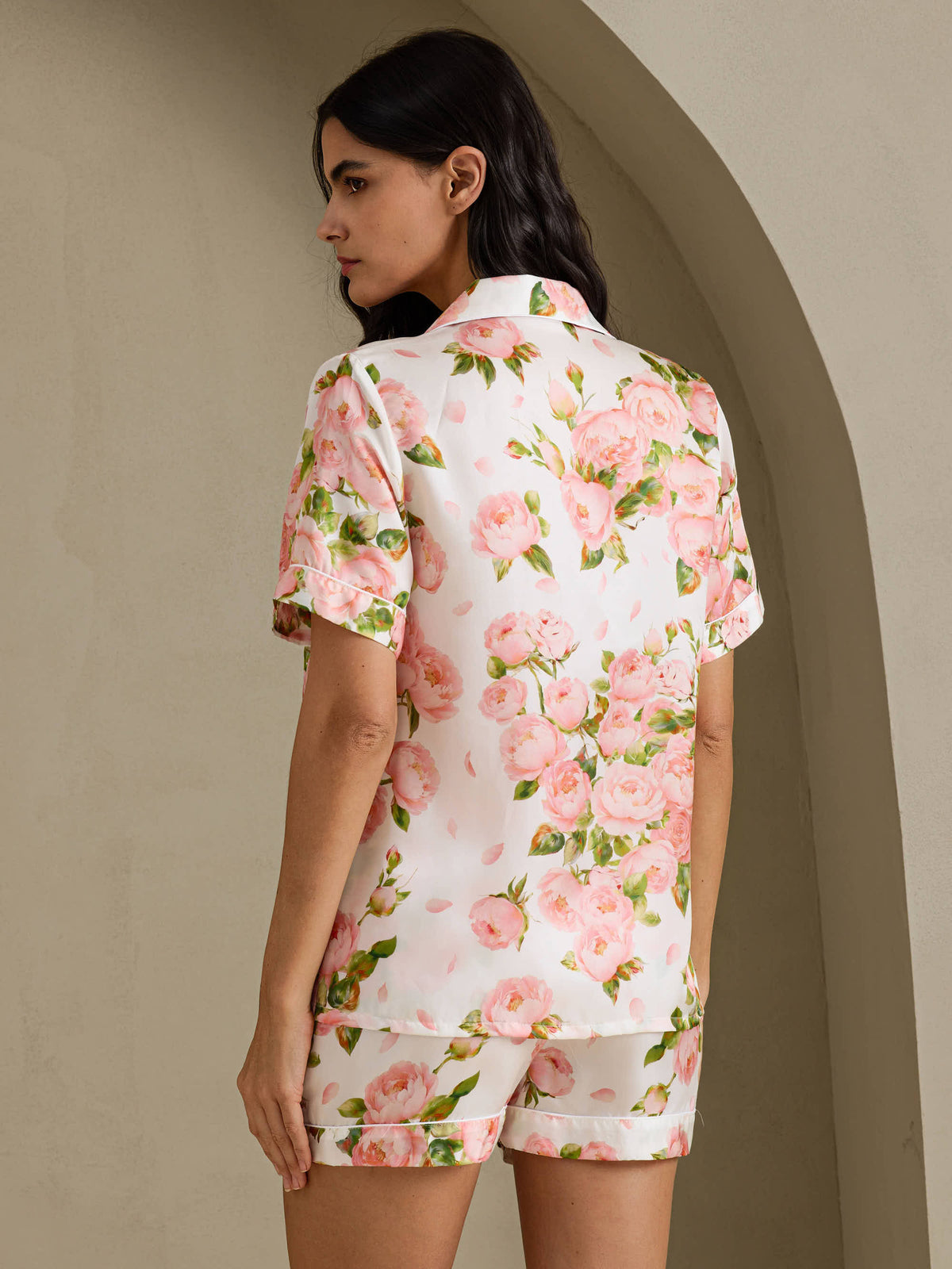 [White Peony] SilkSilky Short Sleeve Notch Collar Women's Pajamas 002