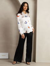 [White Butterfly] SilkSilky  Silk Long Sleeve Lapel Collar Women's Shirt 007