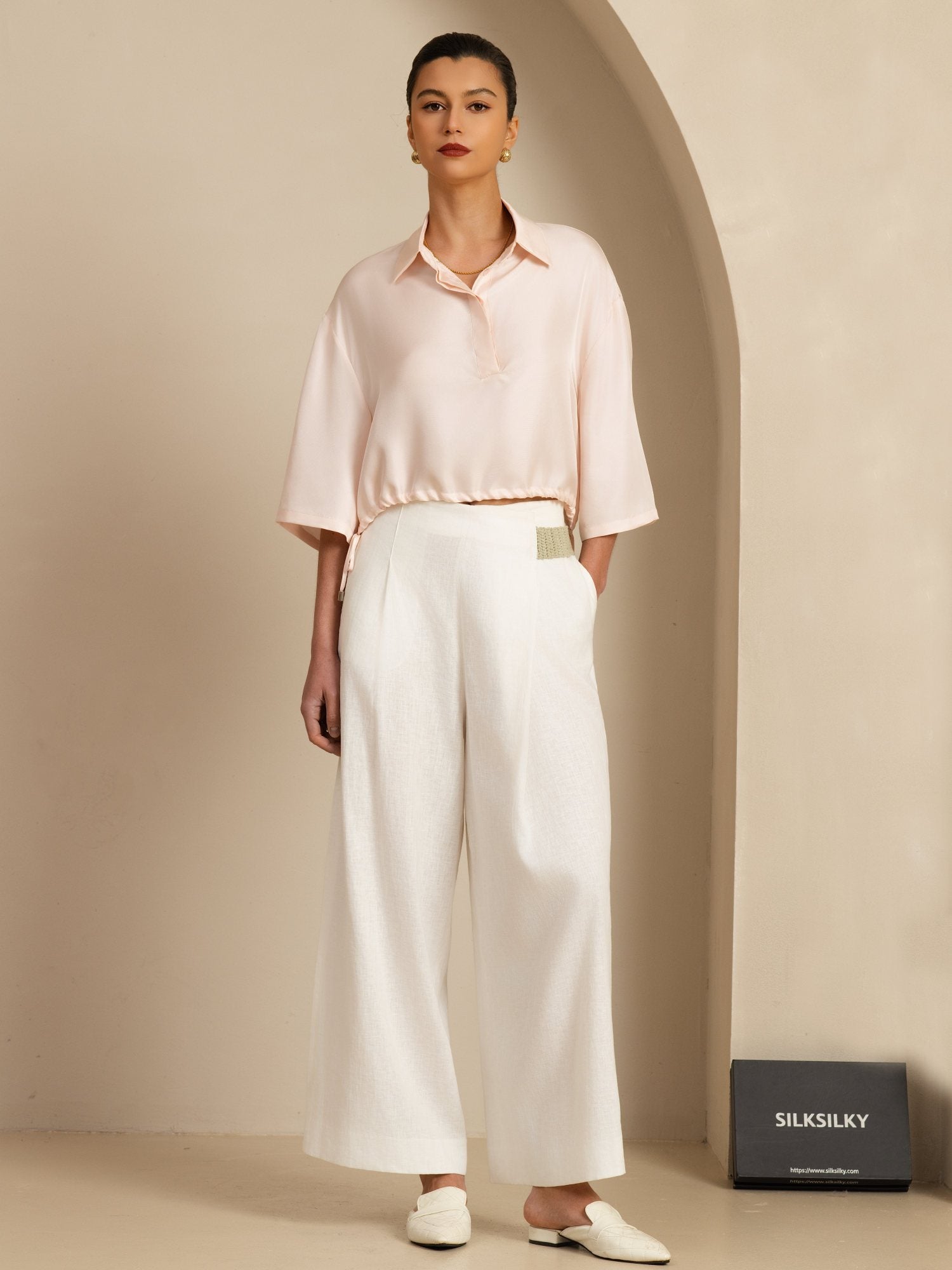 [Pink] SilkSilky  18Momme Silk Satin Surah Half Sleeve Lapel Collar Blouse 007