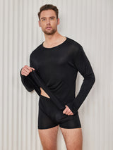 [Black] SilkSilky  100% Silk Jersey Long Sleeve Round Neck Men's T-Shirt 001