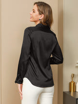 [Black] SilkSilky  19Momme Stretch Silk Charmeuse Long Sleeve Lapel Collar Women's Shirt 002