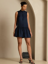 [Dark Blue] SilkSilky  Sleeveless Stand Collar Dress 007