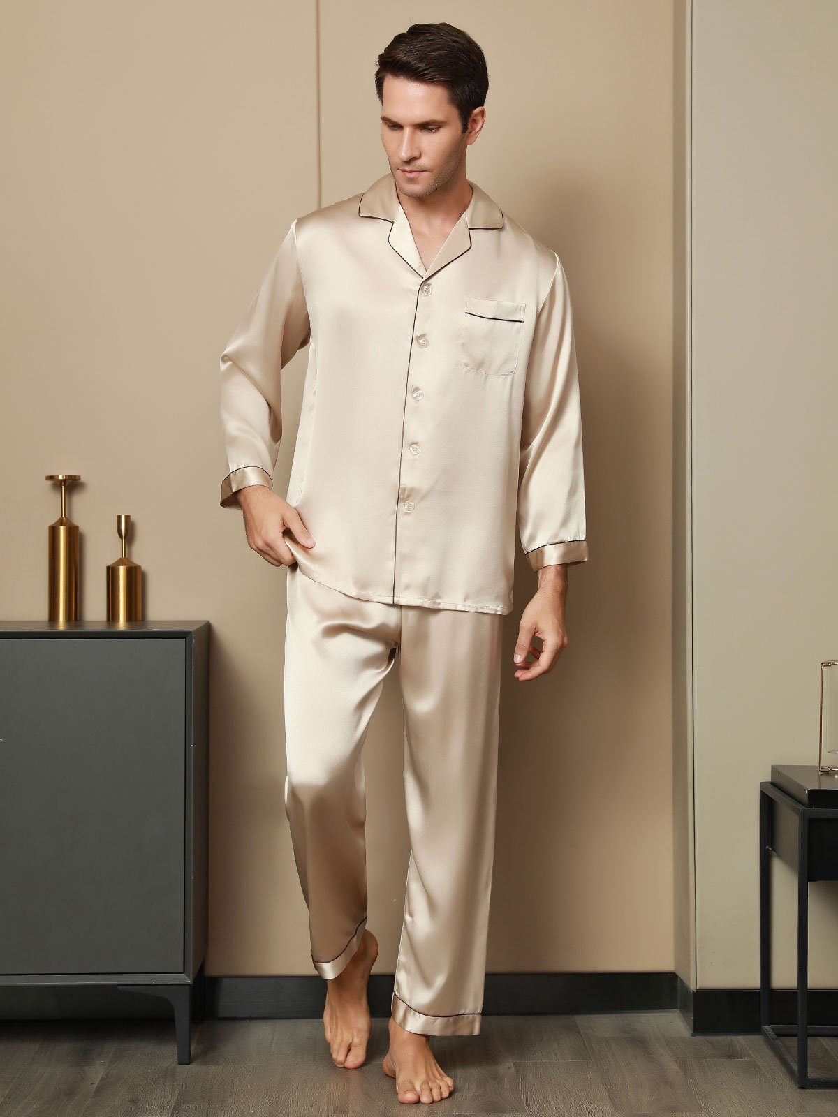 SilkSilky  Pure Silk Long Sleeve Lapel Men's Pajamas Tan 007