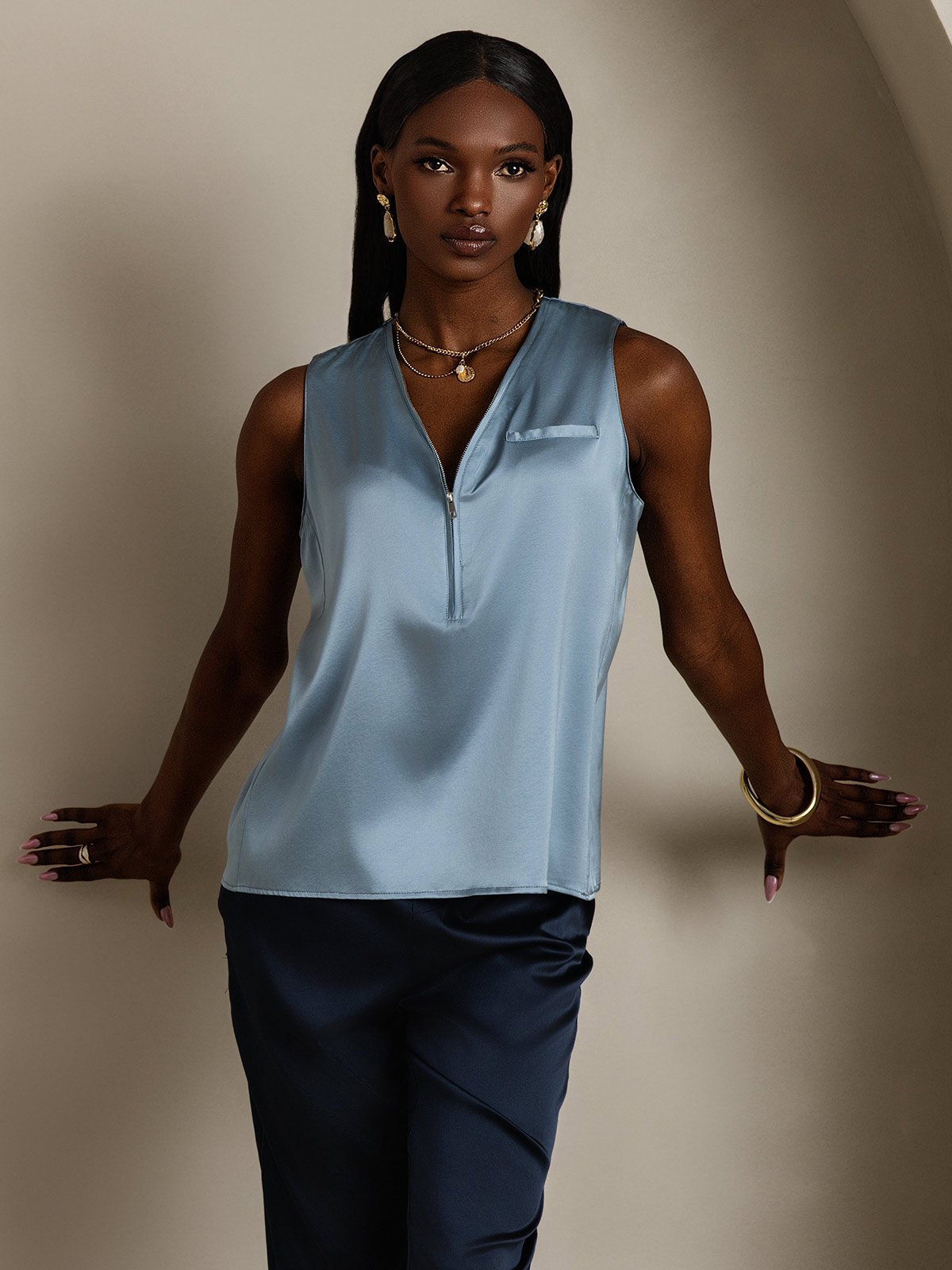 SilkSilky 19Momme Silk Sleeveless V Neck Women's Shirt GrayishBlue 004