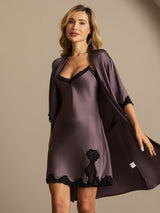 [Purple Gray] SilkSilky  Half Sleeve V Neck Nightgown&Robe Set 006