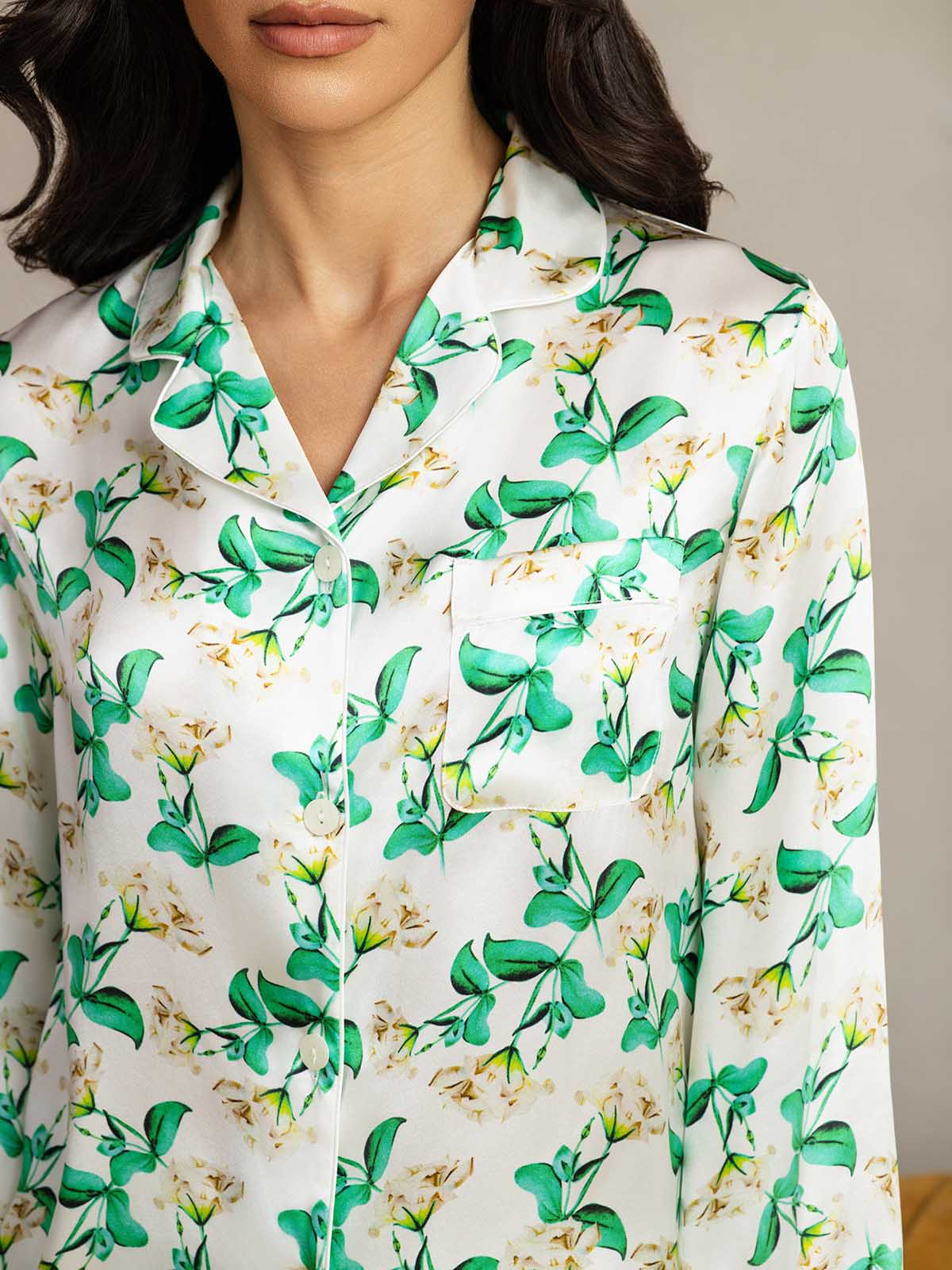 [Green Floral] SilkSilky  Pure Silk Womens Pajamas 007