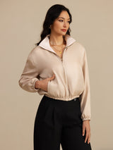 [Tan+Pink] SilkSilky  18Momme Silk Satin Surah Long Sleeve Stand Collar Women's Outerwear 001