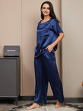 SilkSilky US Pure Silk Short Sleeve Womens Pajamas DarkBlue 004