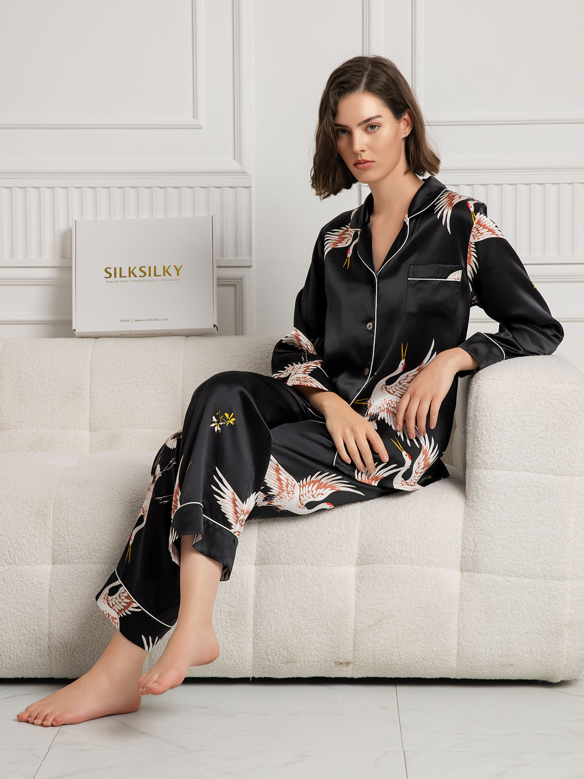 SilkSilky  19Momme Pure Silk Long Sleeve Lapel Women's Pajamas Black 005