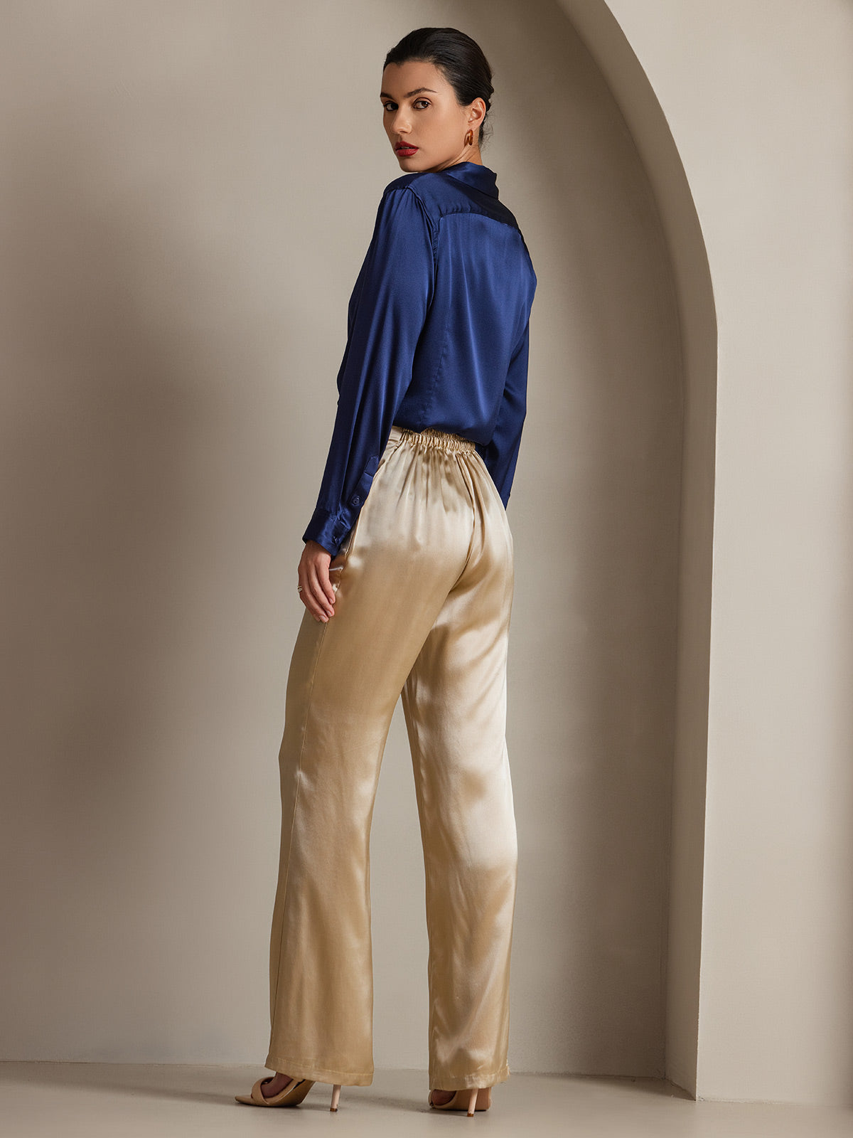 [Dark Blue] SilkSilky  Silk Lapel Collar Women's Shirt 002