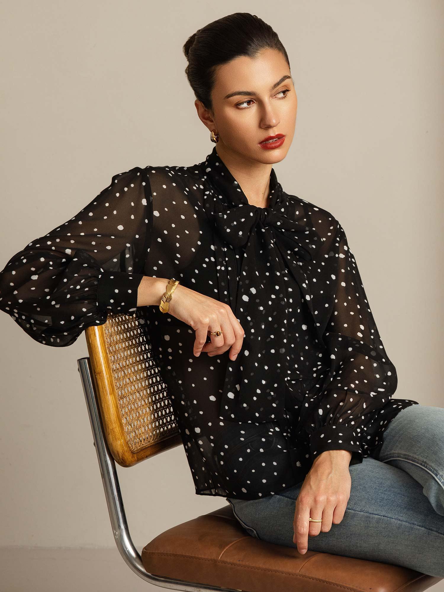 [PolkaDot] SilkSilky Pure Silk Tie Neck Women's Shirt 008