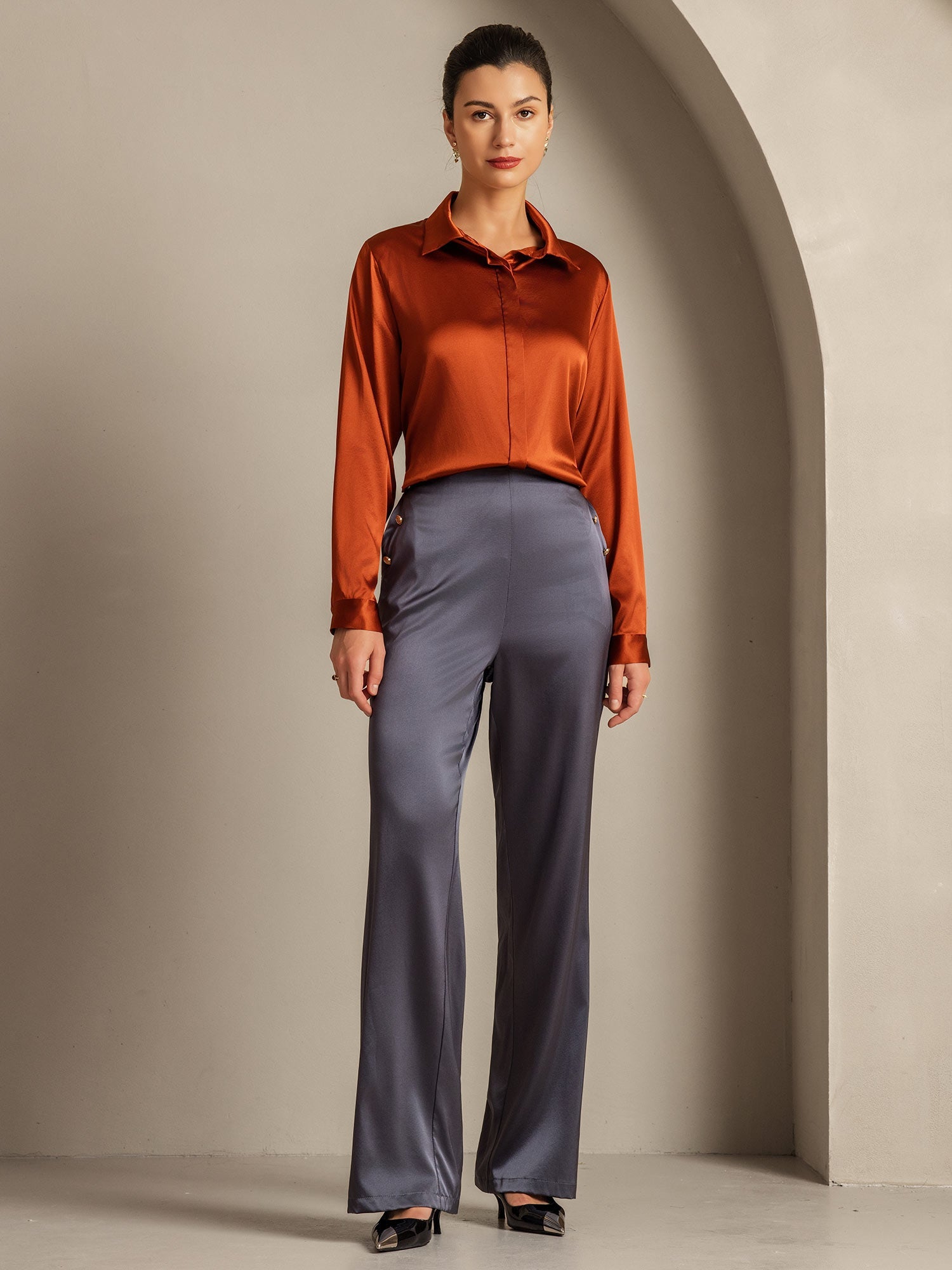 [Caramel] SilkSilky  19Momme Silk Long Sleeve Lapel Collar Women's Shirt 008