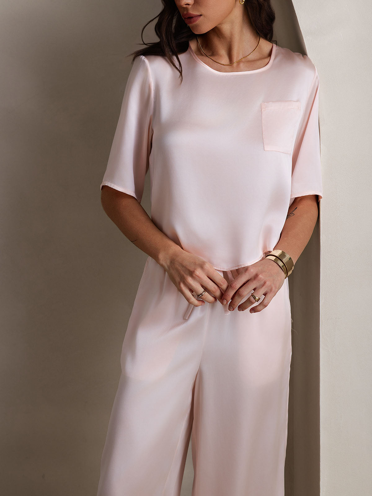 [Pink] SilkSilky  Pure Silk Round Neck Women's Pajamas 007