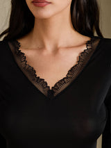[Black] SilkSilky  Long Sleeve V Neck Women's Long Johns 005