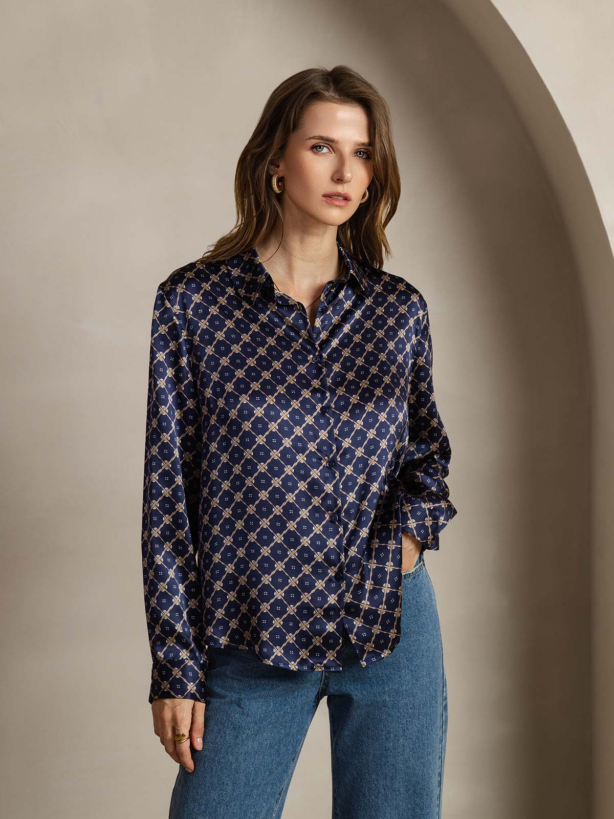 [Navy Chain] SilkSilky  Silk Lapel Collar Women's Shirt 001