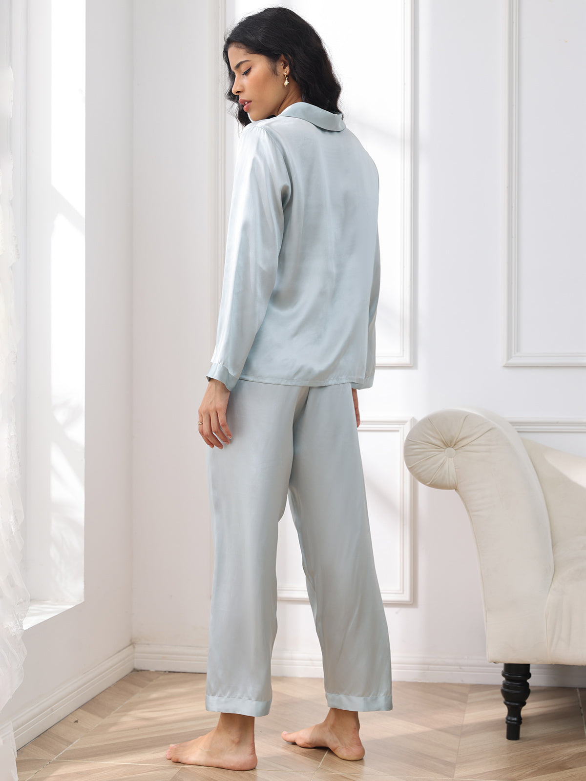 SilkSilky  Pure Silk Long Sleeve Lapel Women's Pajamas LightBlue 002